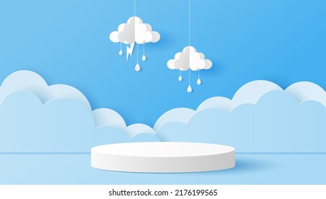 Cortado de papel de podio de cilindro blanco para productos de presentación con nubes, gotas de lluvia y relámpagos. Ilustración del vector