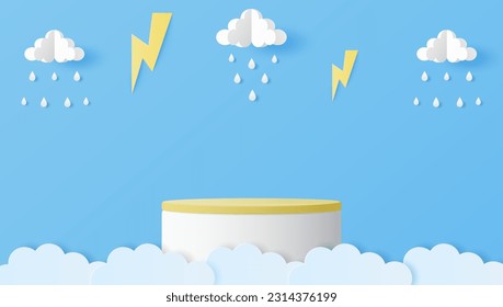 Paper cut of white cylinder podium for products display presentation with clouds, raindrops and lightning. Vector illustration