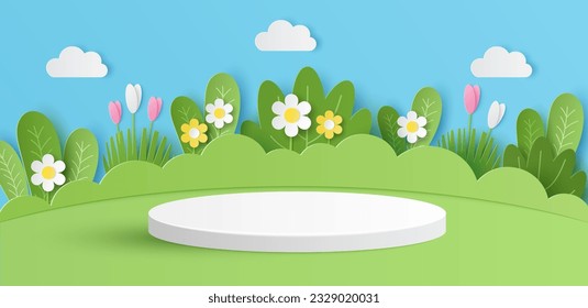 Cortado de papel de podio de cilindro blanco con paisaje de primavera, fondo de naturaleza verde para la presentación de los productos. Ilustración del vector