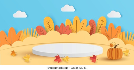 Paper cut of white cylinder podium, geometric shapes with autumn landscape for products display presentation. Vector illustration