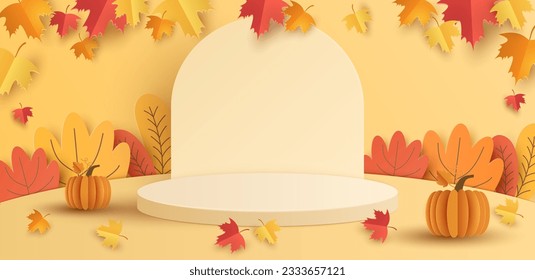 Paper cut of white cylinder podium, geometric shapes with autumn landscape for products display presentation. Vector illustration