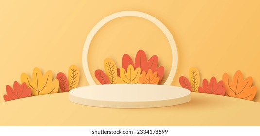 Paper cut of white cylinder podium, geometric shapes with autumn landscape for products display presentation. Vector illustration