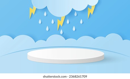 Paper cut of white cylinder podium for products display presentation with clouds, raindrops and lightning. Vector illustration