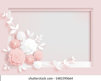 Paper cut white flower and rose peach frame 2layers of border background  - Vector Illustration