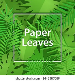 Paper cut white frame with heavy foliage. Square frame lie on green jungle leaves. Vector card illustration with place for selling advertising text. Papercut art style.