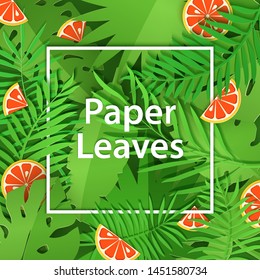 Paper cut white frame with heavy foliage and citrus grapefruit. Square frame lie on green jungle leaves and slice fruit. Vector card illustration with place for selling advertising text.