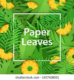 Paper cut white frame with heavy foliage and citrus pineapple. Square frame lie on green jungle leaves and slice fruit. Vector card illustration with place for selling advertising text