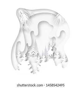Paper cut of white little cottage and deer in the wild on winter season landscape and merry christmas background vector illustration.