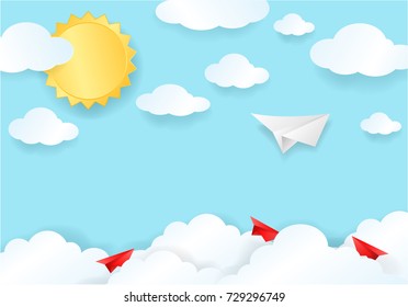Paper cut of white and red plane on blue sky with cloud and sun light