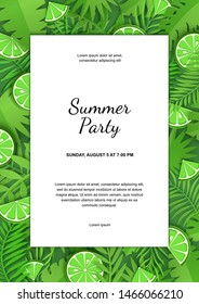 Paper cut white sheet with heavy foliage and citrus lime. Green jungle leaves and slice fruit frame. Vector card illustration with place for advertising text, party invitation, announcements