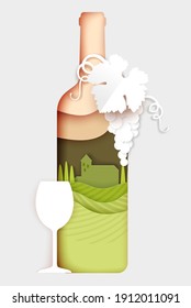 Frasco de vino blanco cortado con papel con vidrio y uvas, ilustración vectorial. Bodega, póster publicitario para bares de vinos, pancarta, volante, plantilla de tarjetas.