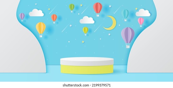 Paper cut of white and yellow color cylinder podium for products display presentation. Moon with hot air balloons, clouds and shooting star for baby boy shower card, banner. Vector illustration