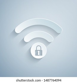 Paper cut Wifi locked sign icon isolated on grey background. Password Wi-fi symbol. Wireless Network icon. Wifi zone. Paper art style. Vector Illustration