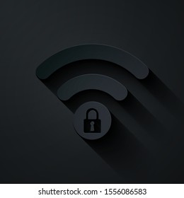 Paper cut Wifi locked sign icon isolated on black background. Password Wi-fi symbol. Wireless Network icon. Wifi zone. Paper art style. Vector Illustration