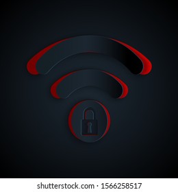 Paper cut Wifi locked sign icon isolated on black background. Password Wi-fi symbol. Wireless Network icon. Wifi zone. Paper art style. Vector Illustration