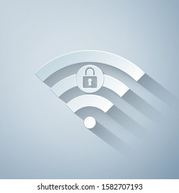 Paper cut Wifi locked sign icon isolated on grey background. Password Wi-fi symbol. Wireless Network icon. Wifi zone. Paper art style. Vector Illustration