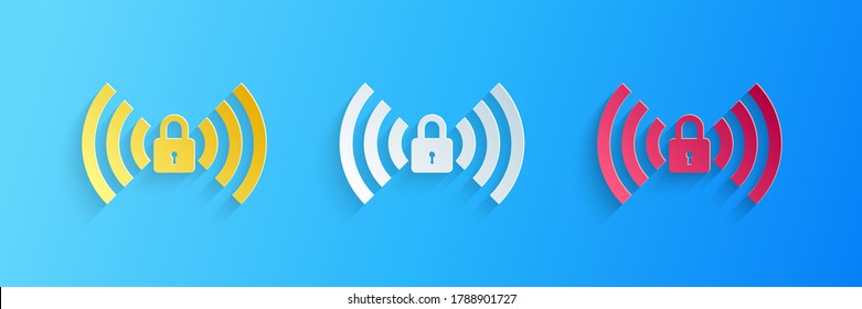 Paper cut Wifi locked sign icon isolated on blue background. Password Wi-fi symbol. Wireless Network icon. Wifi zone. Paper art style. Vector.