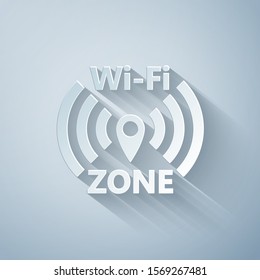 Paper cut Wi-Fi wireless internet network symbol icon isolated on grey background. Paper art style. Vector Illustration