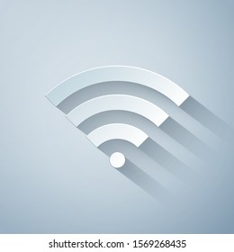 Paper cut Wi-Fi wireless internet network symbol icon isolated on grey background. Paper art style. Vector Illustration