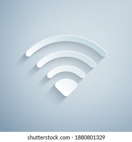 Paper cut Wi-Fi wireless internet network symbol icon isolated on grey background. Paper art style. Vector.