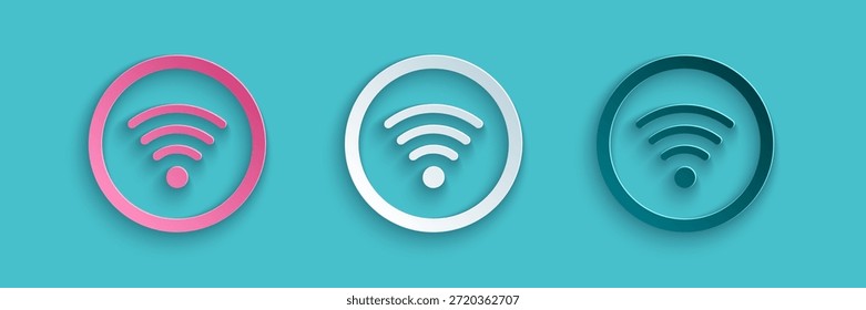 Ícone de símbolo de rede sem fio Wi-Fi de corte de papel isolado no fundo azul. Estilo da arte do papel. Ilustração de vetor