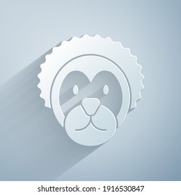 Paper cut Wild lion icon isolated on grey background. Paper art style. Vector