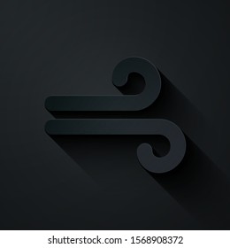 Paper cut Wind icon isolated on black background. Windy weather. Paper art style. Vector Illustration