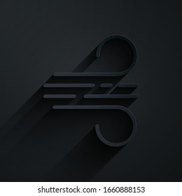 Paper cut Wind icon isolated on black background. Windy weather. Paper art style. Vector Illustration