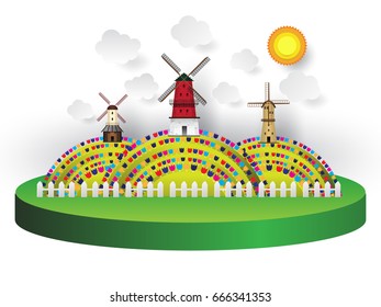 paper cut wind mill and tulip