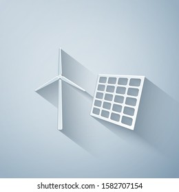 Paper cut Wind mill turbines generating electricity and solar panel icon isolated on grey background. Energy alternative, concept of renewable energy. Paper art style. Vector Illustration