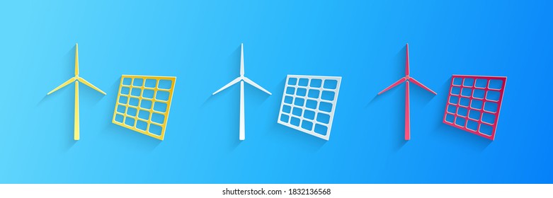 Paper cut Wind mill turbines generating electricity and solar panel icon isolated on blue background. Energy alternative, concept of renewable energy. Paper art style. Vector.
