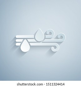 Paper cut Wind and rain icon isolated on grey background. Windy weather. Paper art style. Vector Illustration