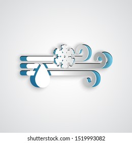 Paper cut Wind and rain with snow icon isolated on grey background. Windy weather. Paper art style. Vector Illustration