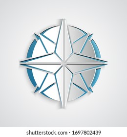 Papierschnitt Windrose Symbol einzeln auf grauem Hintergrund. Kompasssymbol für Reisen. Navigationsdesign. Kunststil aus Papier. Vektorillustration-Illustration