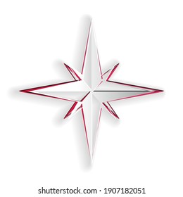 Paper cut Wind rose icon isolated on white background. Compass icon for travel. Navigation design. Paper art style. Vector.