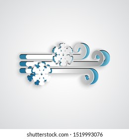Paper cut Wind and snow icon isolated on grey background. Windy weather. Paper art style. Vector Illustration