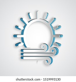 Paper cut Wind and sun icon isolated on grey background. Windy weather. Paper art style. Vector Illustration