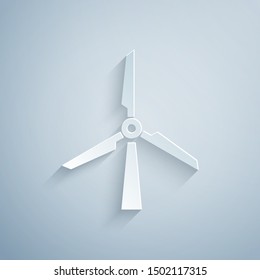 Paper cut Wind turbine icon isolated on grey background. Wind generator sign. Windmill silhouette. Windmill for electric power production. Paper art style. Vector Illustration