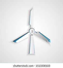 Paper cut Wind turbine icon isolated on grey background. Wind generator sign. Windmill silhouette. Windmill for electric power production. Paper art style. Vector Illustration