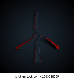 Paper cut Wind turbine icon isolated on black background. Wind generator sign. Windmill silhouette. Windmill for electric power production. Paper art style. Vector Illustration
