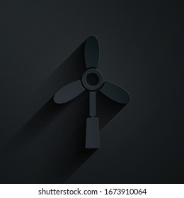 Paper cut Wind turbine icon isolated on black background. Wind generator sign. Windmill for electric power production. Paper art style. Vector Illustration