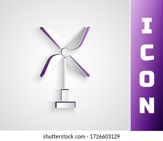 Paper cut Wind turbine icon isolated on grey background. Wind generator sign. Windmill for electric power production. Paper art style. Vector Illustration