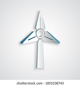 Paper cut Wind turbine icon isolated on grey background. Wind generator sign. Windmill for electric power production. Paper art style. Vector.