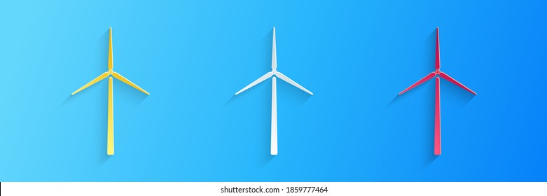 Paper cut Wind turbine icon isolated on blue background. Wind generator sign. Windmill silhouette. Windmills for electric power production. Paper art style. Vector.