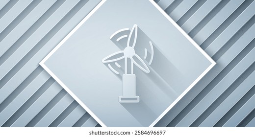 Paper cut Wind turbine icon isolated on grey background. Wind generator sign. Windmill for electric power production. Paper art style. Vector