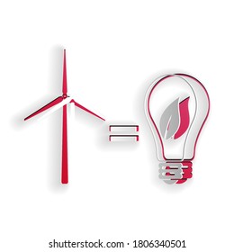 Paper cut Wind turbine and light bulb with leaves as idea of eco-friendly source of energy icon isolated on white background. Paper art style. Vector.