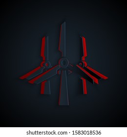 Paper cut Wind turbines icon isolated on black background. Wind generator sign. Windmill silhouette. Windmills for electric power production. Paper art style. Vector Illustration