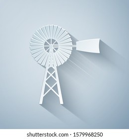 Paper cut Windmill icon isolated on grey background. Paper art style. Vector Illustration