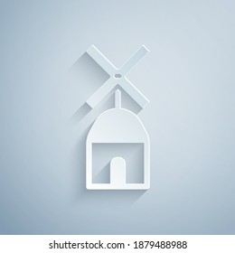 Paper cut Windmill icon isolated on grey background. Paper art style. Vector.