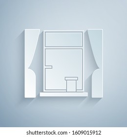 Paper cut Window with curtains in the room icon isolated on grey background. Paper art style. Vector Illustration
